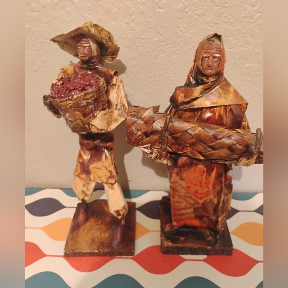 Set Of 2 Vintage Mexican Folk Art Handmade Paper Mache Figurines Decor 12"